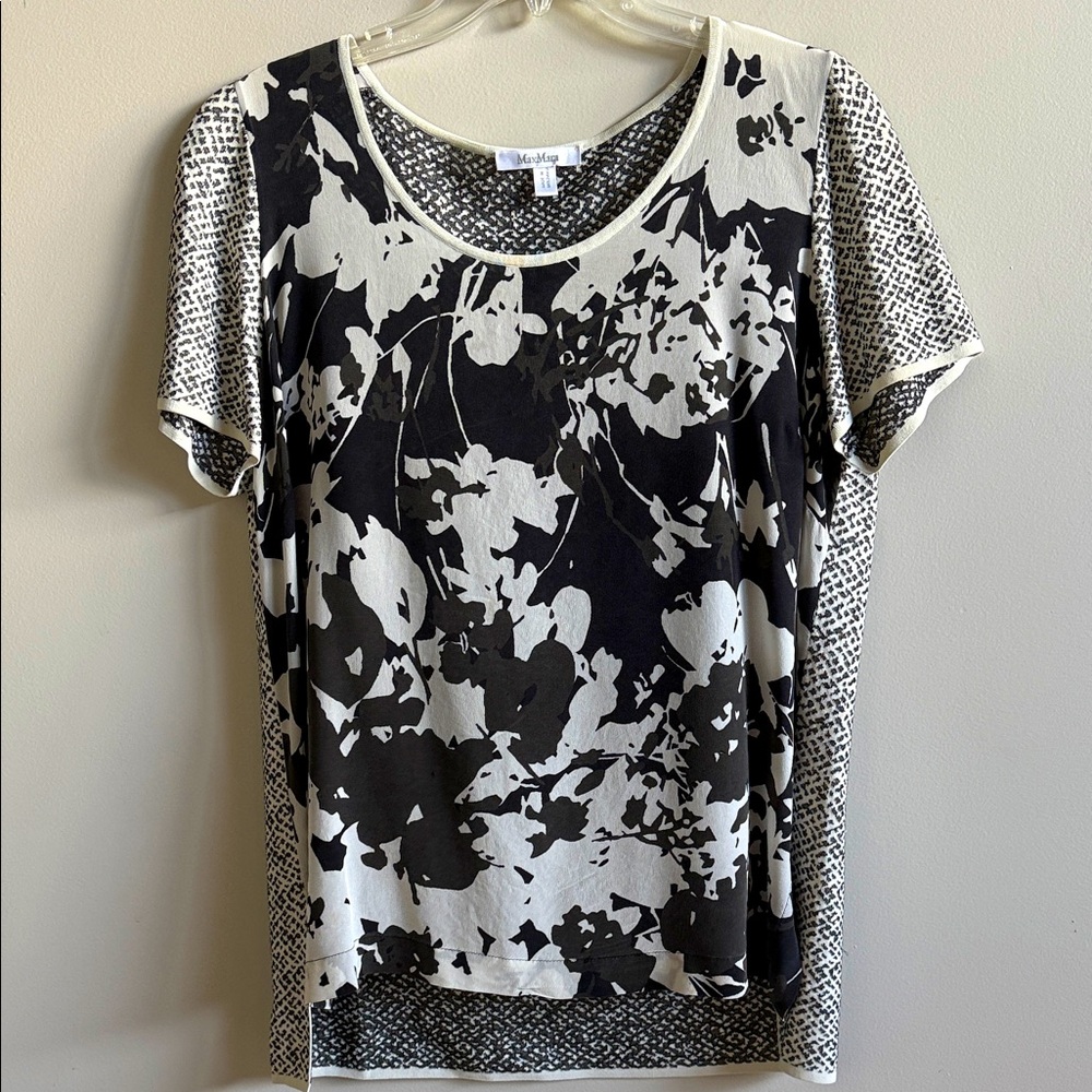MaxMara Silk Front Shadow Black and White Floral Short Sleeve Tee Size L